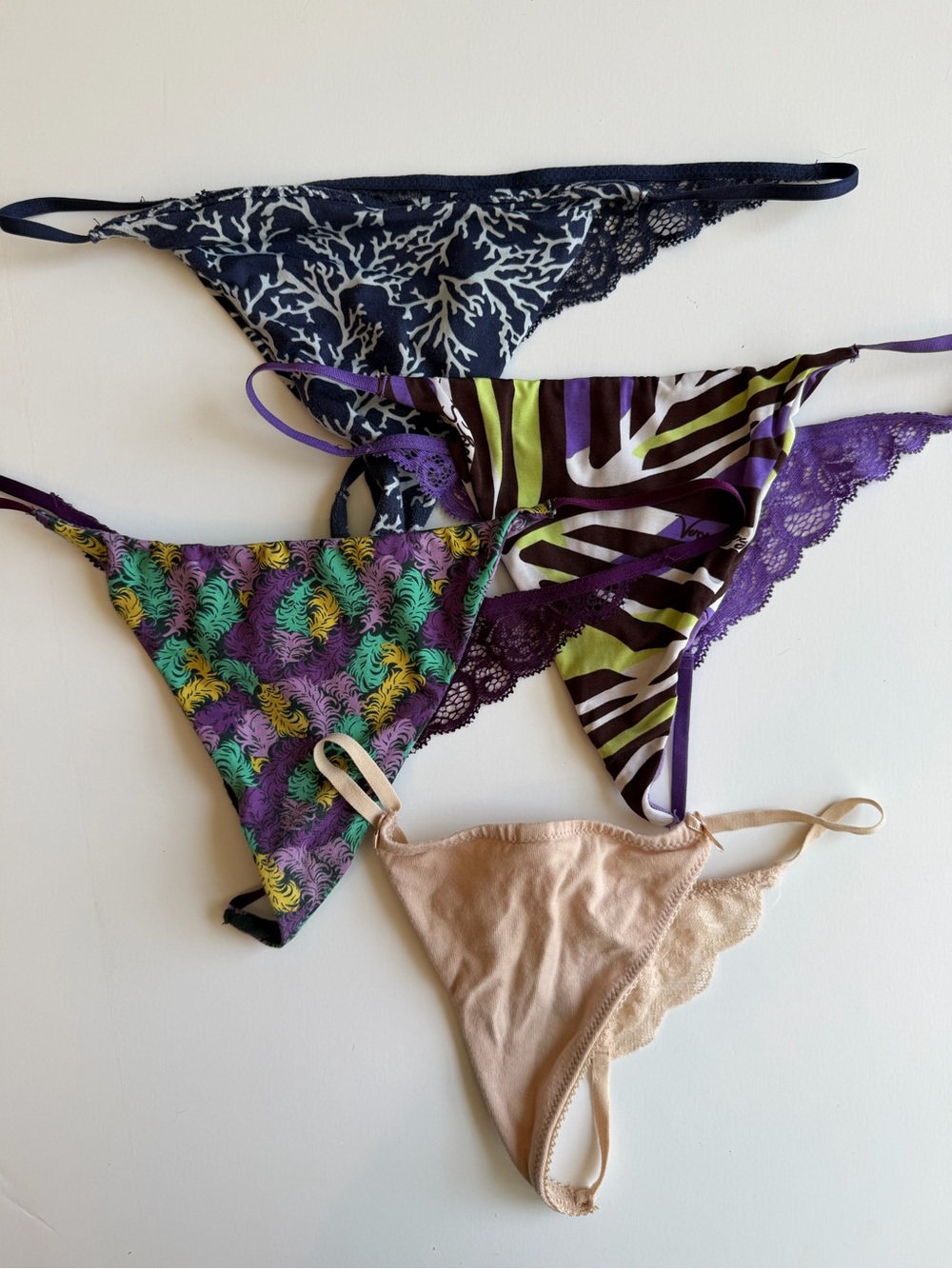 Victoria's Secret Assorted Lace-Trim Thong Panties in Navy, Purple, Green, Beige